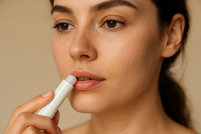 a woman applying lip conditioner - 123